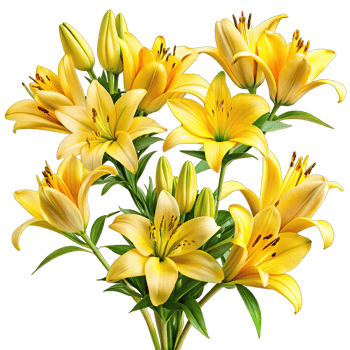 A close-up photograph showcasing a beautiful bouquet of yellow lilies with green stems and leaves, isolated against a pure white background. png