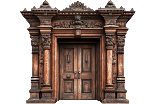 Intricate wooden door with ornate carvings in Bali png