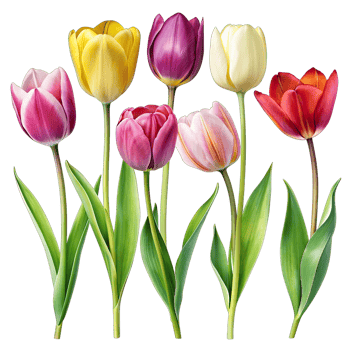 A digital illustration of seven tulips with different colors and poses, isolated on a white background. png