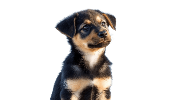 Cute puppy sitting and looking curiously outdoors png
