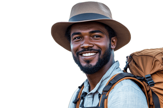 Happy hiker with backpack loves nature png