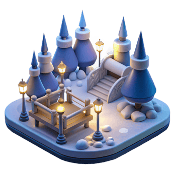 serene vintage Winter Wonderland 3D Illustration Snowy Bridge, Cozy Lamps, and Conical Trees genuine png