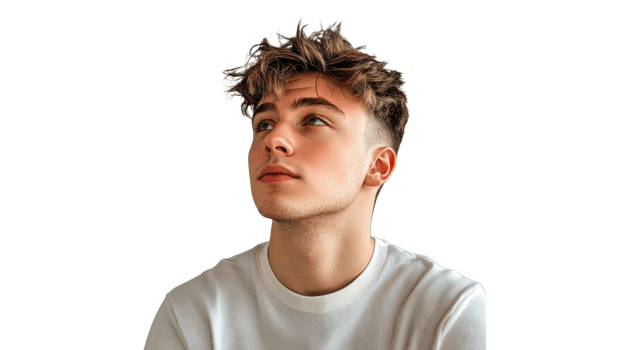 Young man with thoughtful expression looking up png