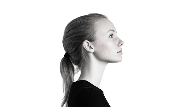 Woman with ponytail gazing thoughtfully png