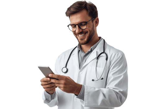 Doctor using smartphone while smiling in clinic png