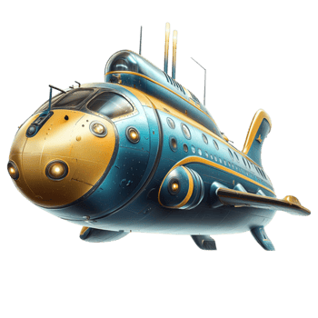 Blue submarine dives sleekly with periscope extended exploring ocean depths png