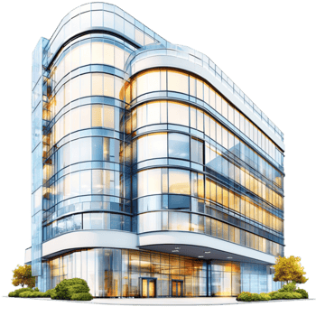 office building gleams with curved glass and blue tones symbolizing urban innovation png