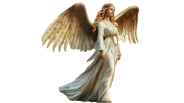 Serene angelic figure stands with majestic wings png