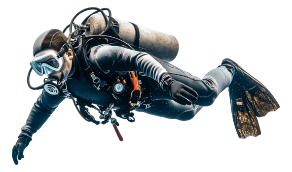 Diver explores underwater depths in clear waters png