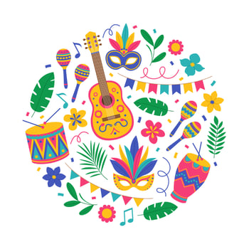 Brazil Carnival poster in circle shape with guitar, maracas, drums, masks, flowers, leaves, garlands and confetti. Festival design. Flat illustration for banner, invitation, greeting card vector