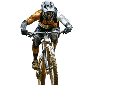 Biker racing downhill on tough trails png