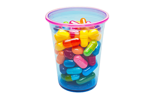 Colorful capsules stacked in a transparent cup png