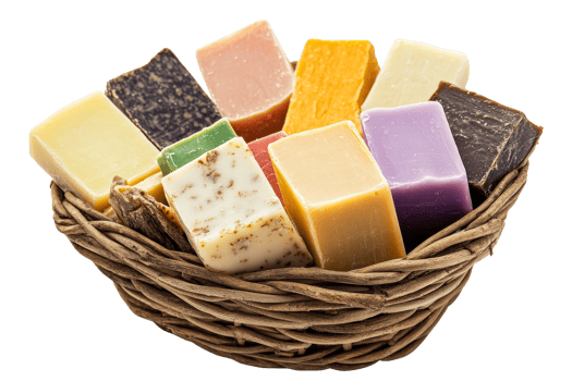 Colorful assorted handmade soaps in a basket png