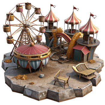 elegant creative Abandoned Amusement Park Ferris Wheel, Carousel, and Play Structures authentic png