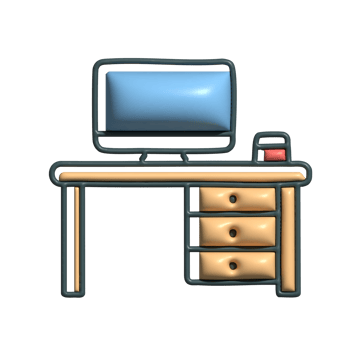 3D Office Desk Icon with Computer Monitor and Drawers png