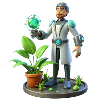 dramatic artistic 3D Cartoon Scientist with Plant detailed png