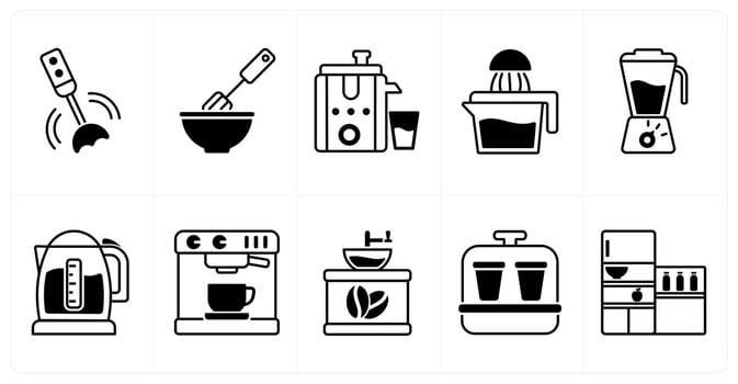 Set of of 10 home appliances icons as hand blender, mixer, juicer, hand juicer vector