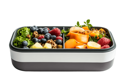 Vibrant meal prep container with fruits greens png