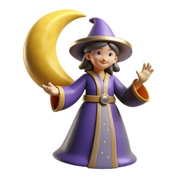magnificent classic Cute 3D Witch Cartoon with Crescent Moon professional png