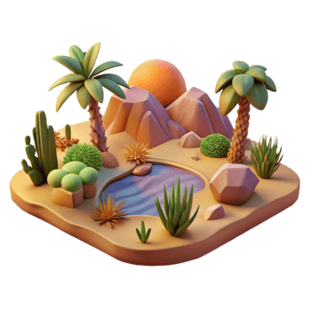 vibrant classic 3D Oasis Illustration Desert Island Sunset high resolution png