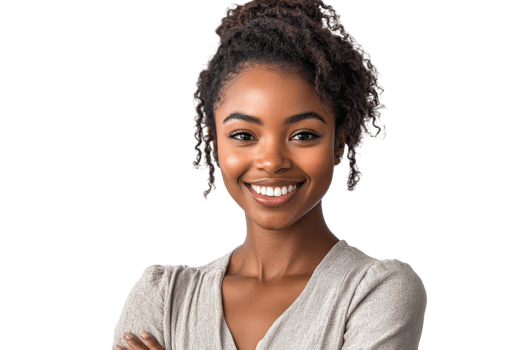 Smiling woman with curly hair poses confidently png