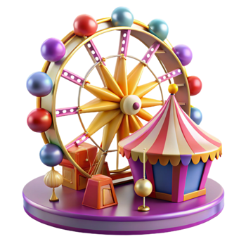 serene classic 3D Render Ferris Wheel and Circus Tent Illustration high resolution png
