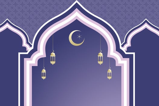 Islamic architecture window with lantern and moon, ramadan background arch arabic on violet color. Islamic ramadan celebration template with copy space. vector