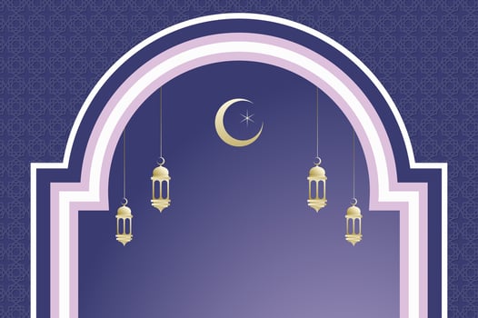 Islamic window with lantern and moon, ramadan background arch arabic on violet color. Islamic ramadan festival celebration template with copy space. vector