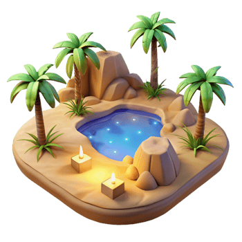 impressive contemporary Oasis 3D Render Palm Trees, Pool, Candles high resolution png