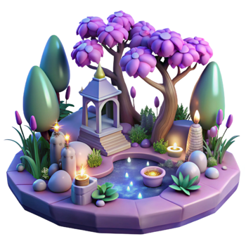 stunning creative 3D Stylized Garden Illustration Tranquil Pond, Blossoming Trees, and Candles original png