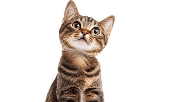 Playful tabby cat looking curiously above png