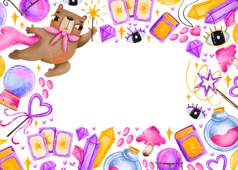 Newborn card with teddy bear. Horizontal border frame with wizard and magic elements, crystal, wand, glass ball. Baby card, greetind, halloween. Perfect for kids holidays png