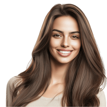 Young woman smiles warmly with long brown hair exuding natural beauty png