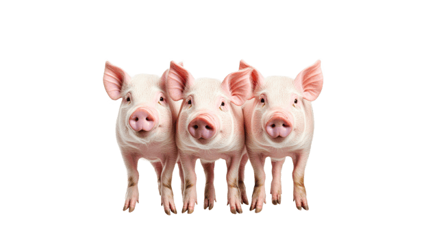 Three playful pigs standing closely together png