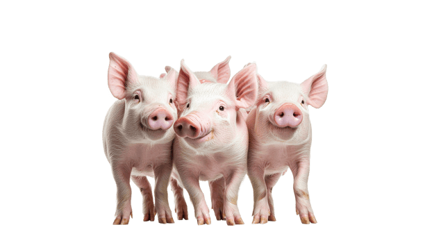 Three playful pigs standing together in a row png