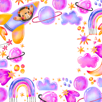 Square border frame for baby. Baby card baby shower with teddy bear spaceship rocket. Up in the sky adventure. Great treveller hand drawn cartoon template for holiday birthday newborn png