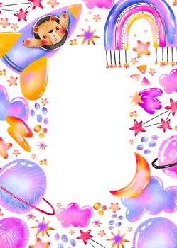 Vertical border frame for baby. Baby card baby shower with teddy bear spaceship rocket. Up in the sky adventure. Great treveller hand drawn cartoon template for holiday birthday newborn png
