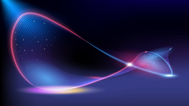 A stunning Neon glowing infinity sign lines combining blue and red light effects with abstract blue rings and sparkling swirls, perfect for celebrations and exhibitions on dark stage backgrounds. vector