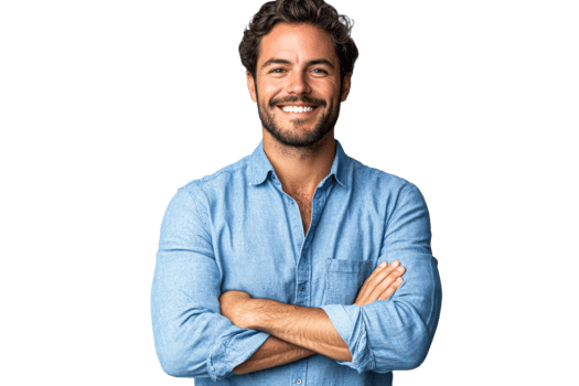 Smiling man in casual blue shirt poses confidently png