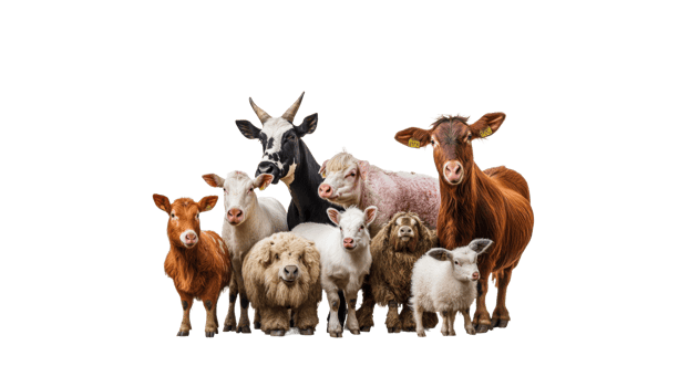 Farm animals gathered together in a group setting png