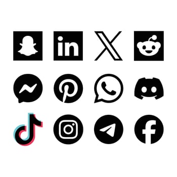 black and white logos of popular social media apps. snapchat, linkedin, x, reddit messenger, pinterest, whatsapp, discord, tiktok, instagram, telegram, facebook vector