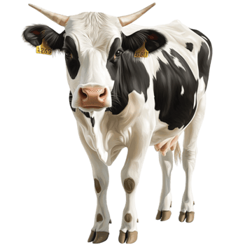 Brown cow stands calmly with black and white patches grazing peacefully in a field png