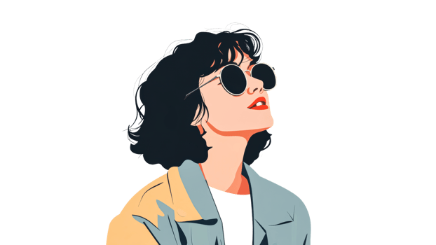 Woman in sunglasses looks up artistically png