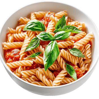 Pasta bowl brims with red sauce and green basil offering an Italian dining delight png