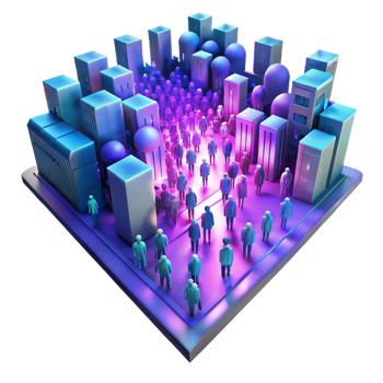 wonderful classic 3D Cityscape Illustration Miniature Crowd in Purple Blue Urban Setting professional png