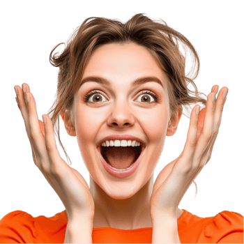 Woman opens her mouth wide with surprised eyes and orange shirt expressing shock png