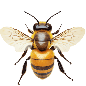 Honeybee hovers with yellow and black stripes buzzing near vibrant flowers png