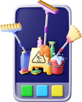 3D home cleaning tools on phone icon png