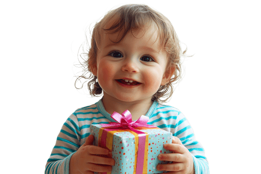 Child joyfully holding a colorful gift box png