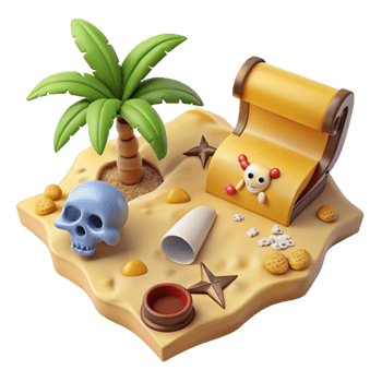 serene vintage Tropical Island 3D Render Treasure Chest, Skull, and Palm Tree genuine png